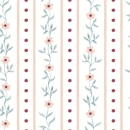 Tapete infantil de EVA Blossom Stripes rosa, detalhe da estampa de listras com ramos e bolinhas