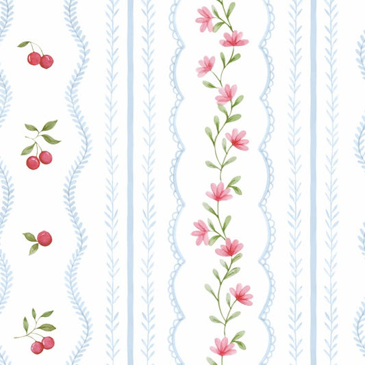 Tapete infantil de EVA Cherry Dreams azul, detalhe da estampa de listras azuis, cerejas e flores