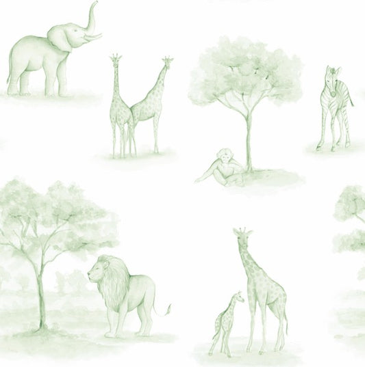 Tapete infantil de EVA Safari verde, detalhe da estampa de animais da savana em aquarela
