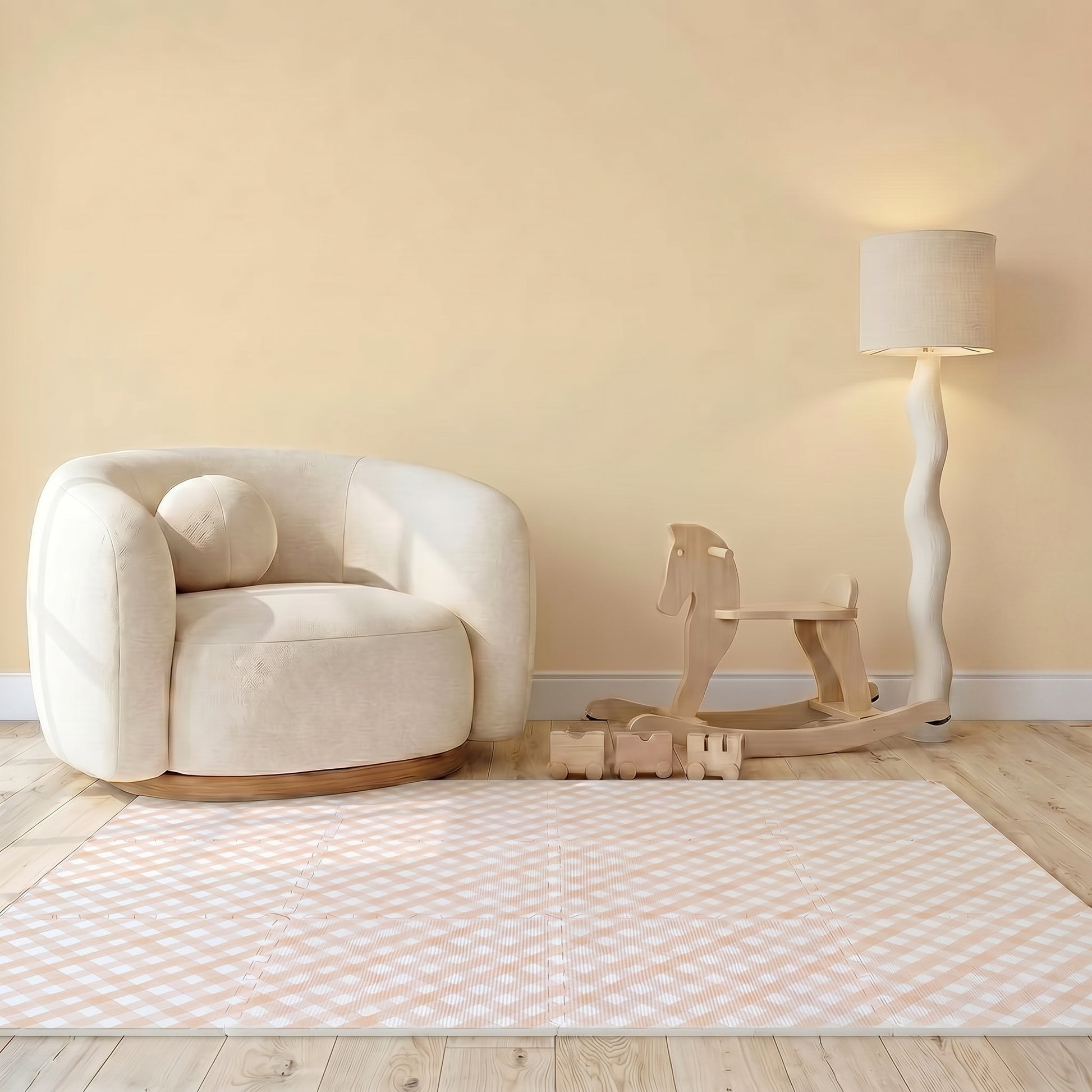 Tapete infantil Criss Cross Laranja Tini Tiny no quarto de bebê — tapetinho de EVA premium