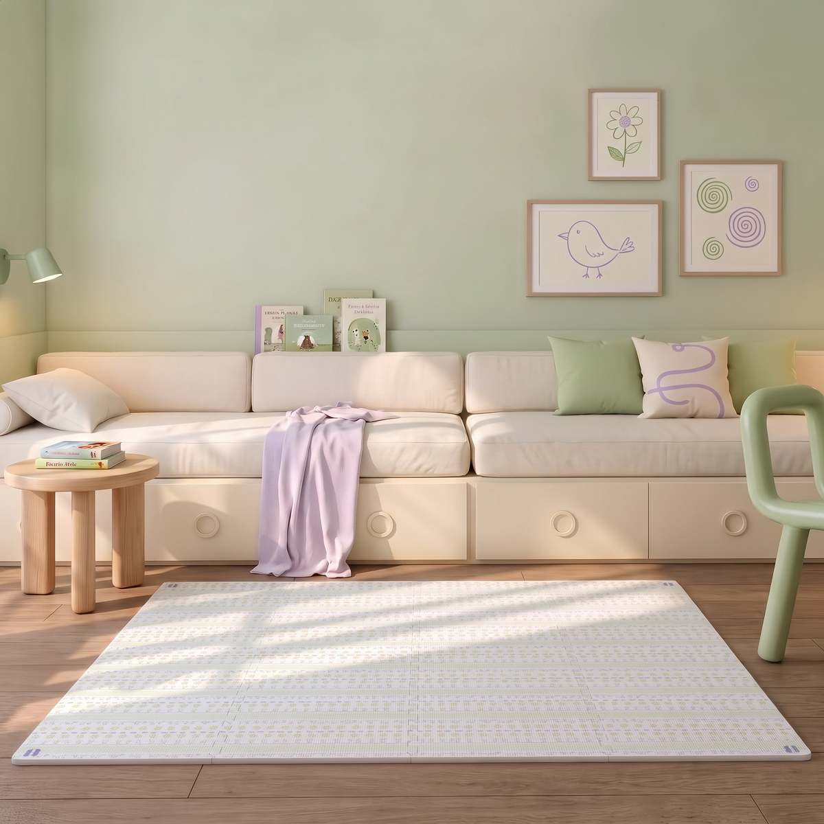 Tapete infantil de EVA Doodles verde montado em sala de brincar de parede verde, com sofá baixo e cadeira verde