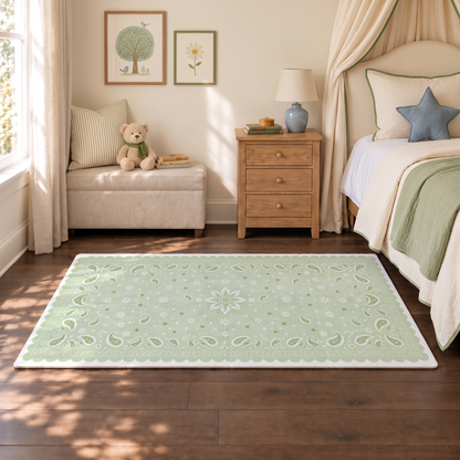 Tapete infantil de EVA Bandana verde no quarto, ao lado da cama com manta verde, banco com ursinho de pelúcia e quadrinho de árvore na parede