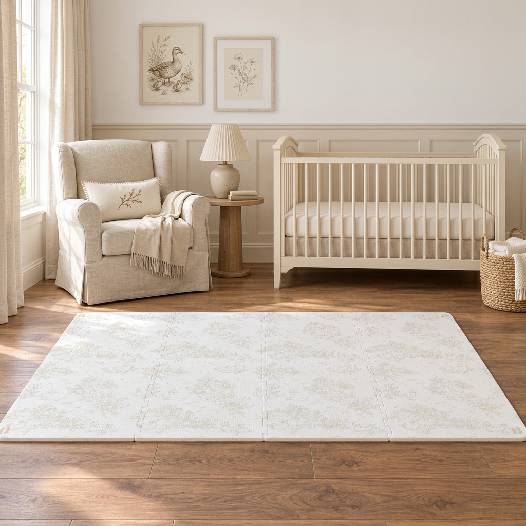 Tapete infantil de EVA Toile de Jouy Ducks bege montado no quarto de bebê, com berço branco, poltrona com manta bege e quadros de pata com patinhos e de flores na parede
