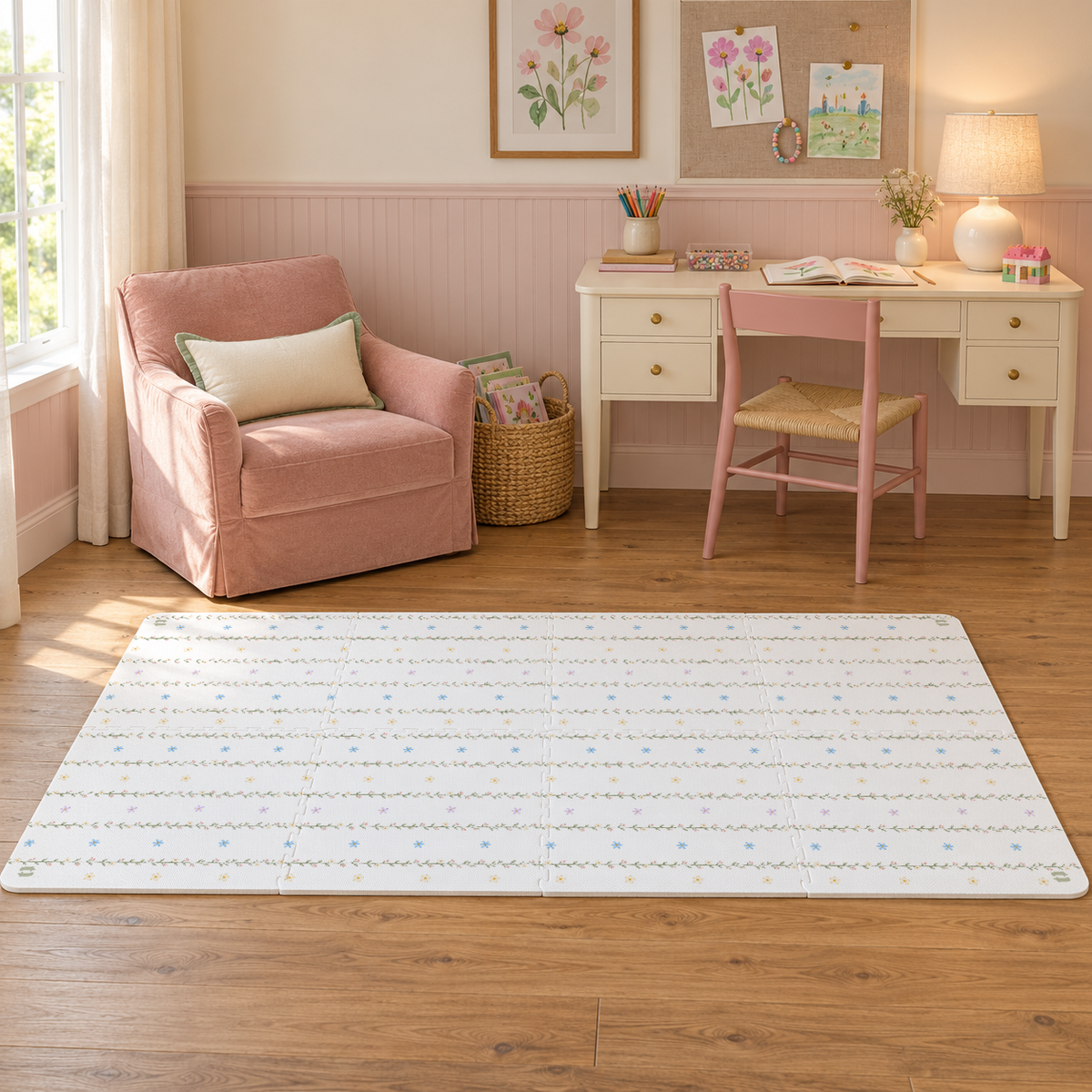 Tapete infantil de EVA Margherita montado no quarto infantil, com poltrona rosa, escrivaninha branca com cadeira rosa e quadros de flores na parede