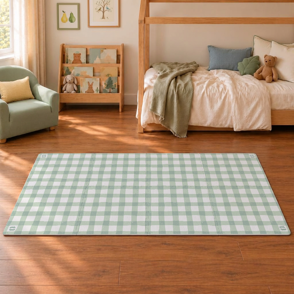 Tapete infantil de EVA Vichy verde no quarto infantil, com poltrona verde-sálvia e cama casinha de madeira