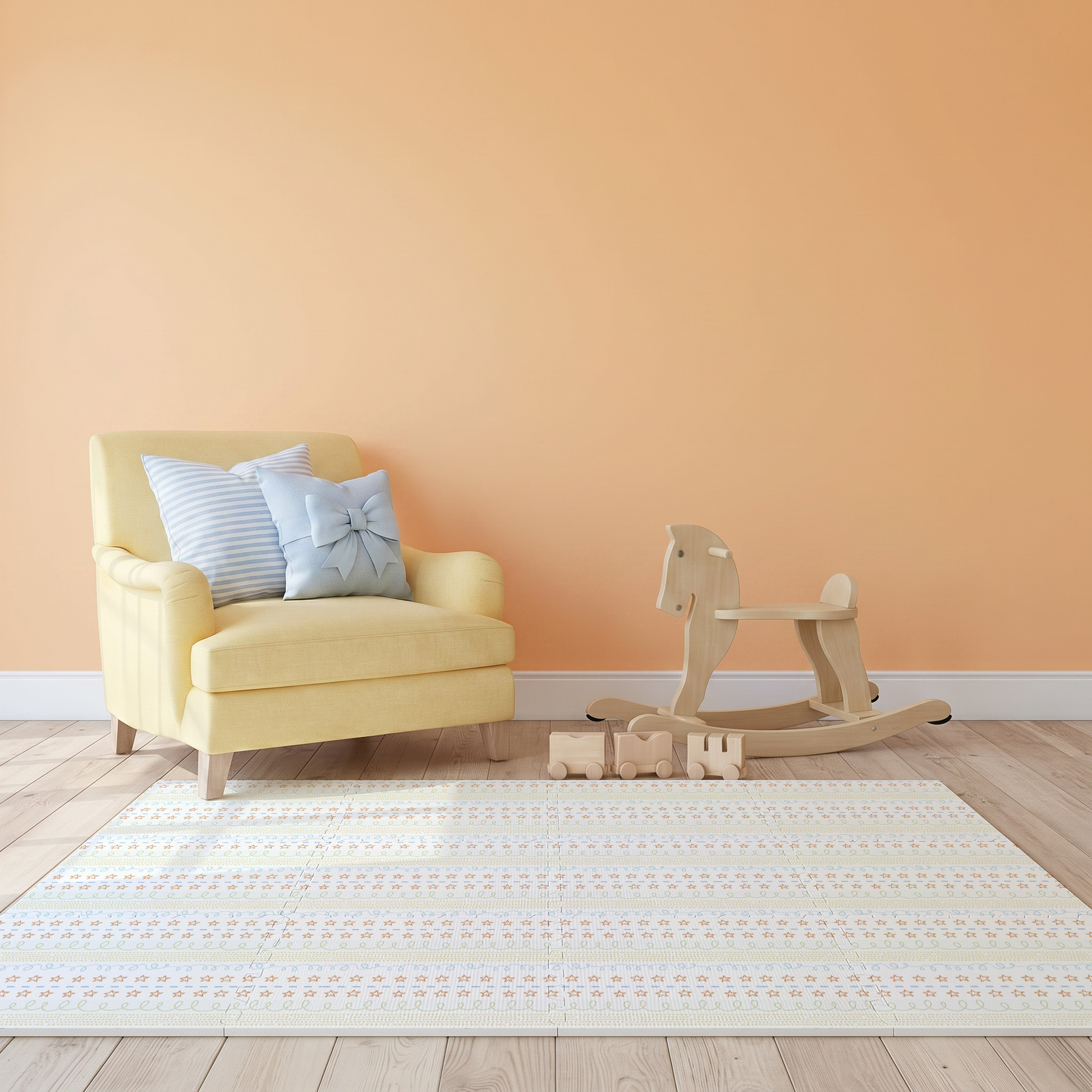 Tapete infantil Doodles Laranja Tini Tiny no quarto de bebê — tapetinho de EVA premium