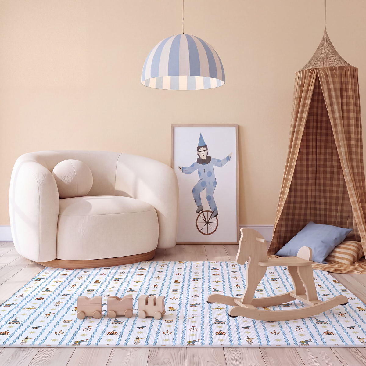Tapete infantil Circus Azul Tini Tiny no quarto de bebê — tapetinho de EVA premium