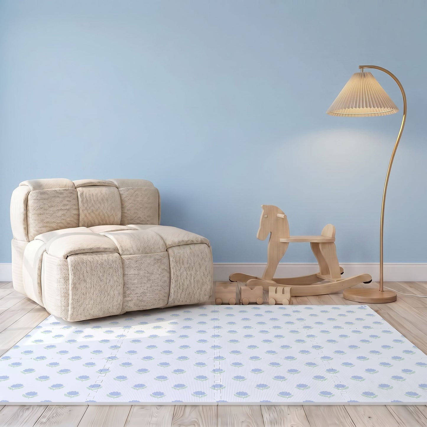 Tapete infantil Flora Azul Tini Tiny no quarto de bebê — tapetinho de EVA premium