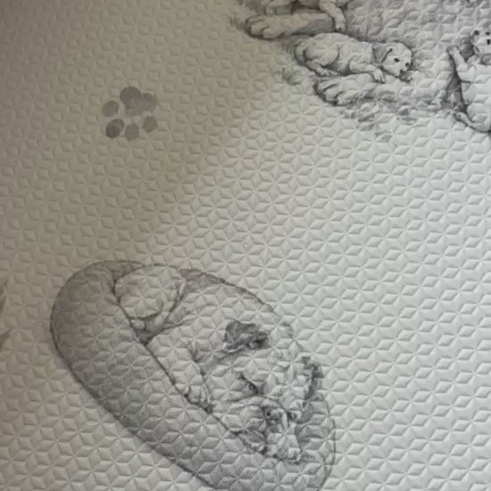 Vídeo de perto do tapetinho Toile de Jouy Dogs cinza, com cachorrinhos, casinha, ossinhos e patinhas desenhados em cinza